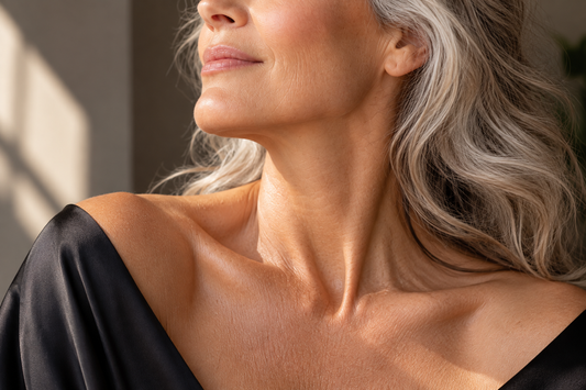 Mature woman’s natural skin texture along the jawline, neck and décolleté, illustrating skin elasticity and firmness.
