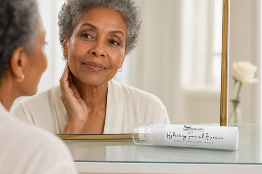 Women using Qualerex Beauty Facial Essence and see her beautiful skin in the mirror