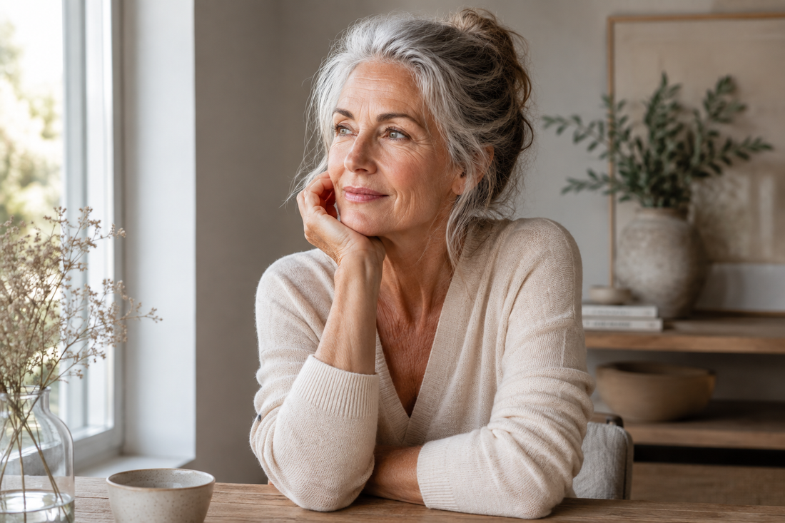 Mature woman with natural skin texture looking toward a window in soft natural light, representing thoughtful skincare for mature skin.