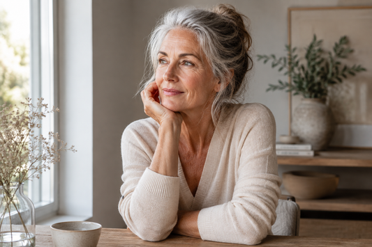 Mature woman with natural skin texture looking toward a window in soft natural light, representing thoughtful skincare for mature skin.