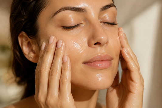 Woman applying cleansing balm to dry skin during an oil cleansing routine for soft, comfortable skin.