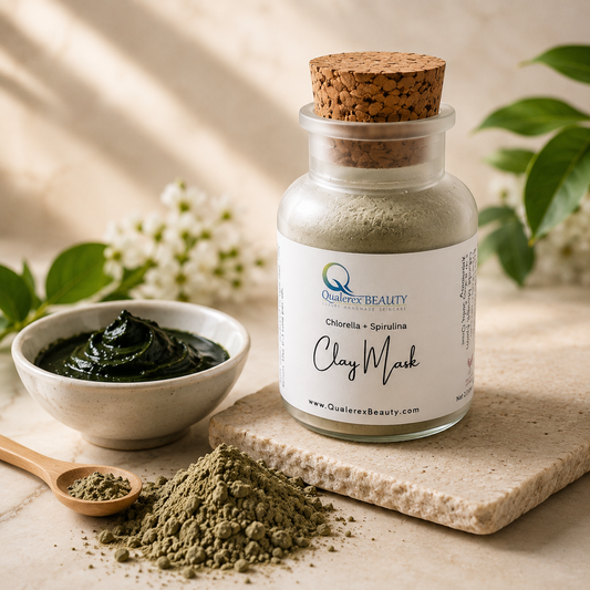 Jar of Quierex Beauty Clay Mask with ingredients on a neutral background