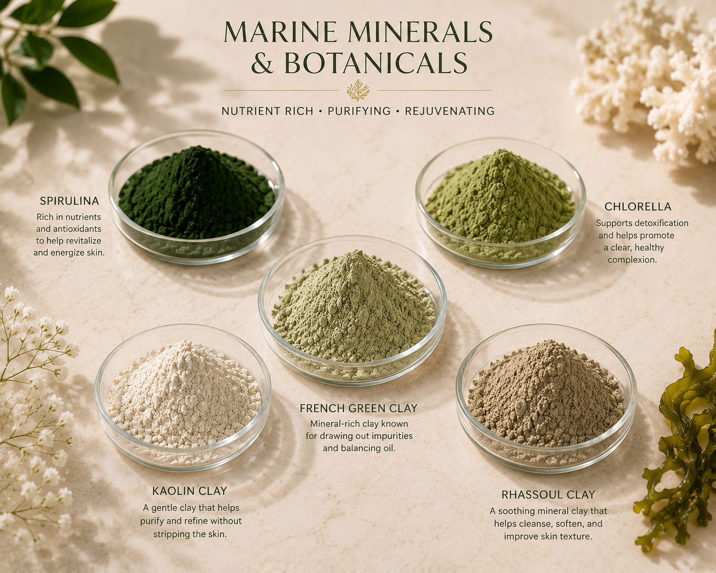 Marine minerals and botanicals including spirulina, chlorella, French green clay, kaolin clay, and rhassoul clay on a light background.