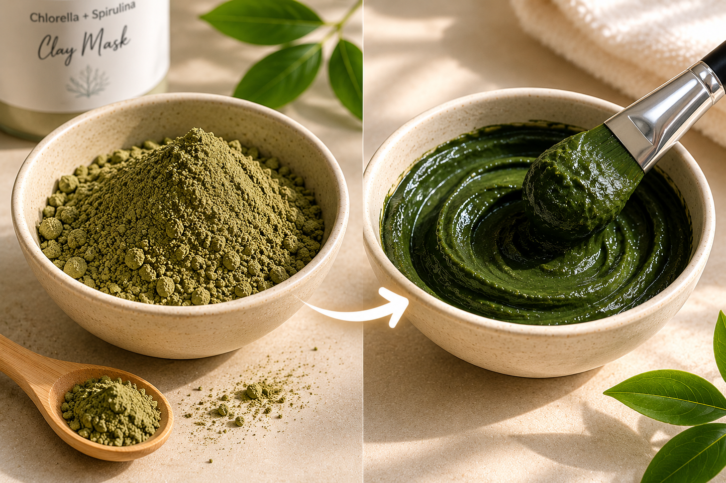 Clay mask transformation from powder to paste in a bowl with a spoon and leaves on a neutral background.