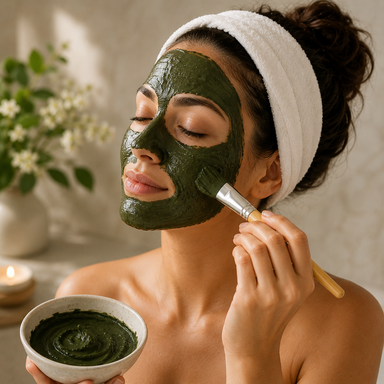 Woman applying green Chlorella Spirulina Clay Mask to her face with a brush, holding a bowl of mask.