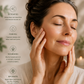 Woman touching her face after washing off the Chlorella Spirulina Clay Mask. There is text explaining the mask's benefits.