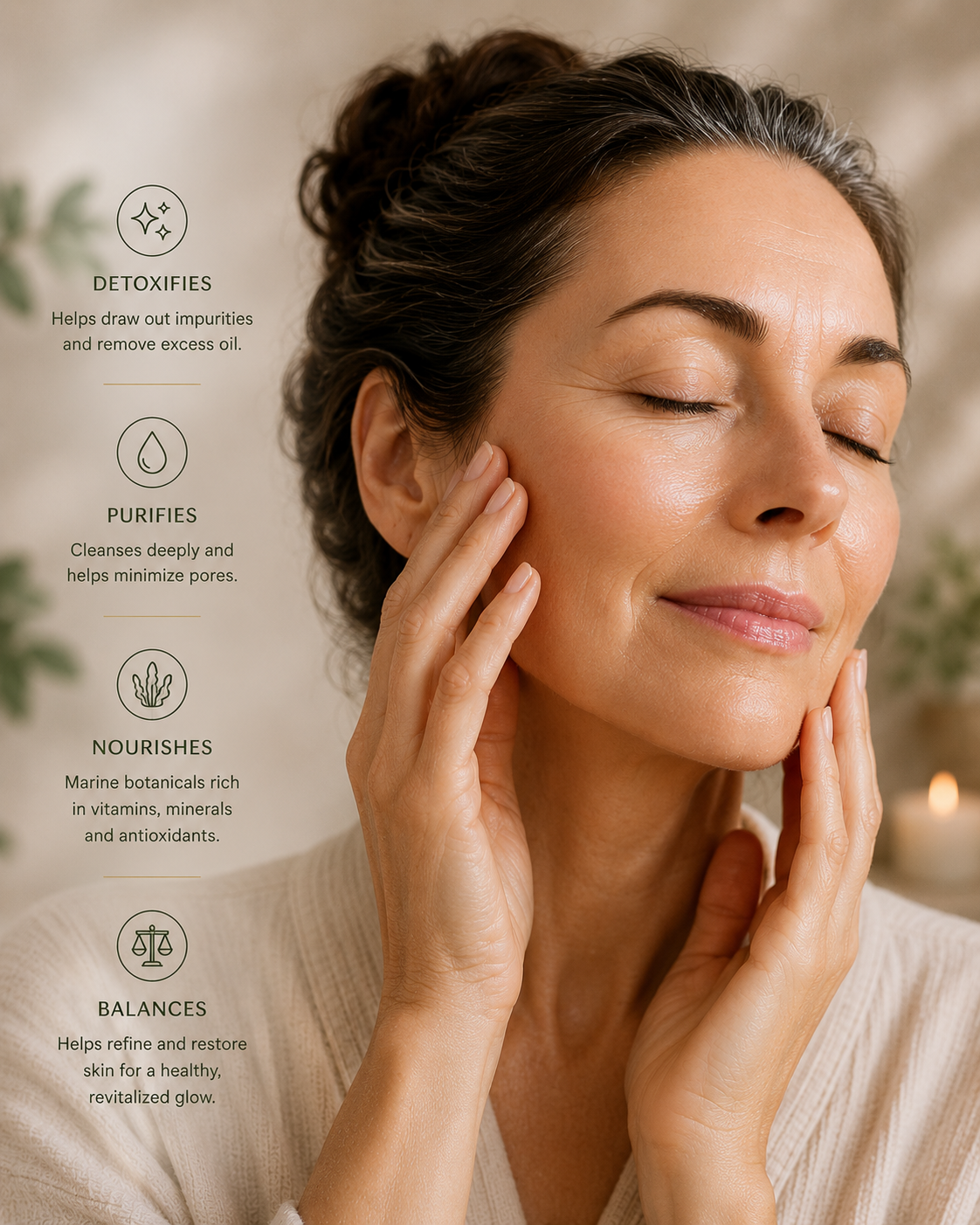 Woman touching her face after washing off the Chlorella Spirulina Clay Mask. There is text explaining the mask's benefits.
