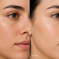 Before and after comparison of a woman's face with visible skin improvement using Flawless Whisper Skin Perfector by Qualerex Beauty.