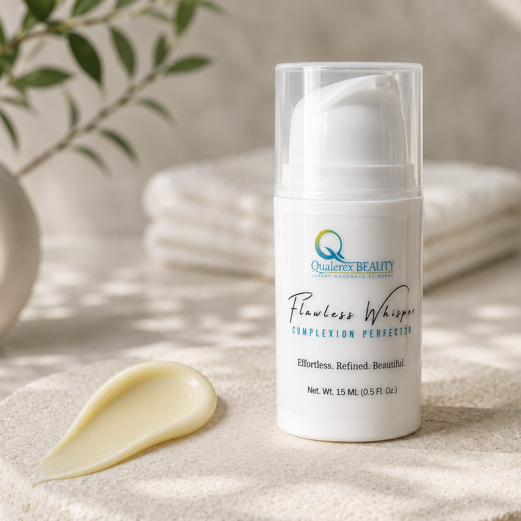 Flawless Whisper Skin Perfector by Qualerex Beauty with product smear